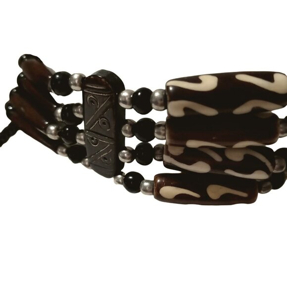 Brown Beaded Boho Choker Tribal Style Leather Tie Handmade - Picture 2 of 8